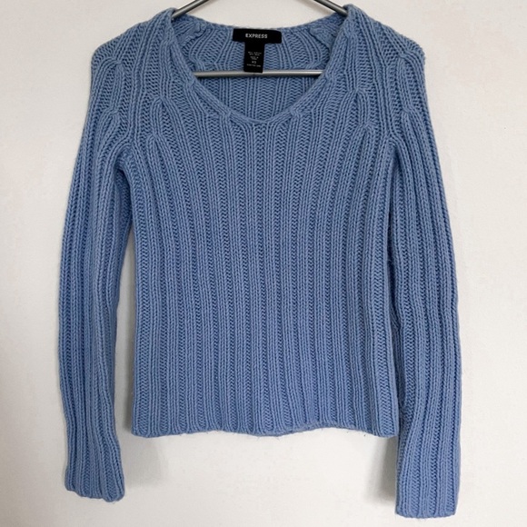 Express Blue Wool Blend Sweater Size XS Ribbed Thick Knit Preppy - Picture 1 of 6